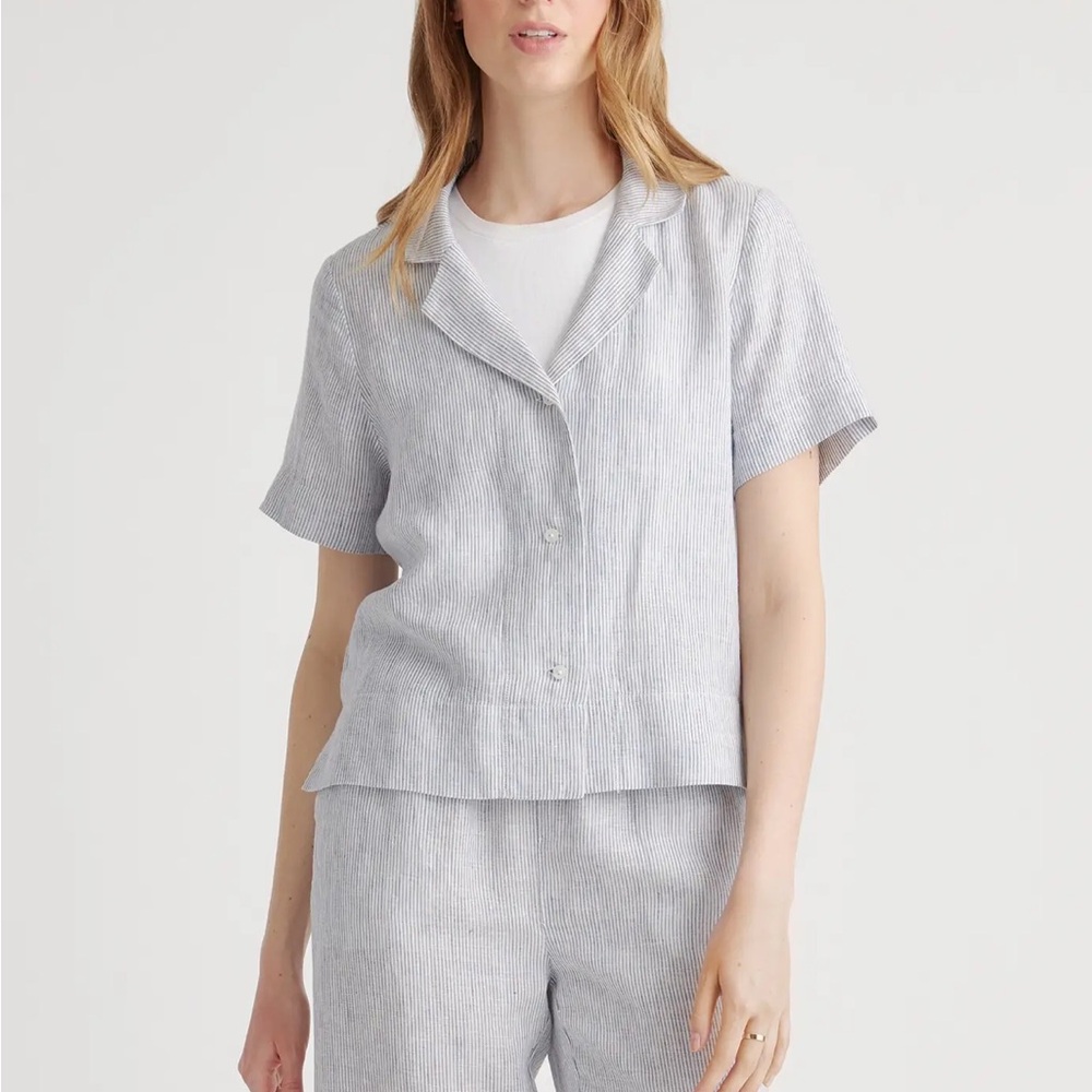 Quince 100% European Linen Short Sleeve Shirt - Blue Pinstripe